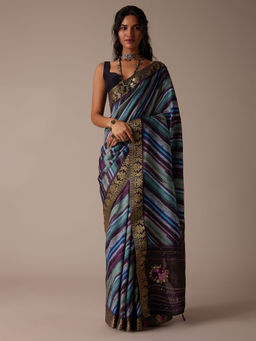 KALKI FASHION - Royal Blue Saree in Tussar with Block Print and Zari Work with Unstitched Blouse