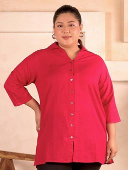 Indietoga Plus Size - Women's Plus Size Pink Solid Cotton Longline Shirt
