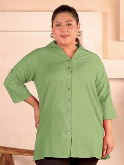 Indietoga Plus Size - Women's Plus Size Green Solid Cotton Longline Shirt