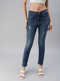 SHOWOFFFF - Women's Mildly Distressed Blue Slim Fit Denim Jeans