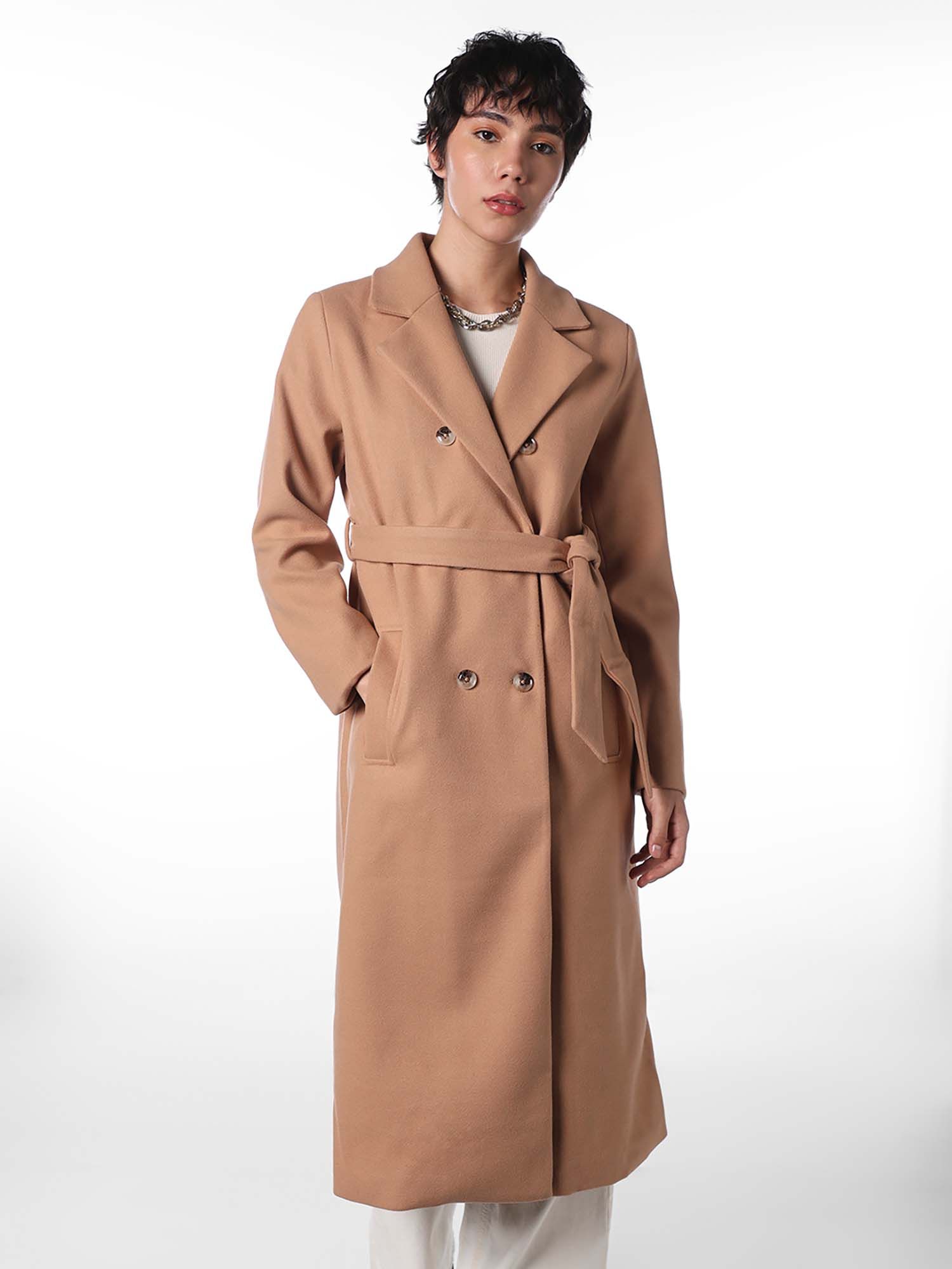 only Women Solid Loose Fit Brown Coat and Belt-picture-28