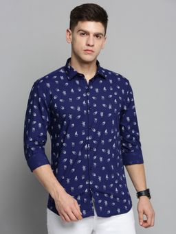 SHOWOFF - Mens Spread Collar Navy Blue Printed Shirt