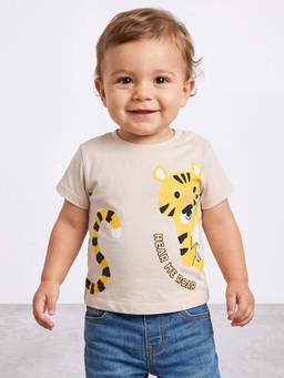 R&B - Boys Cotton Animal Print Round Neck Beige T-Shirt