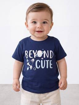R&B - Boys Cotton Navy Blue Typography T-Shirt