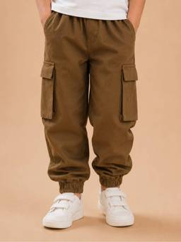 Kidbea - Cotton Solid Brown Cargo Pant