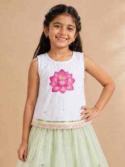 KiddoPanti - Girls Cotton White Self Design Top