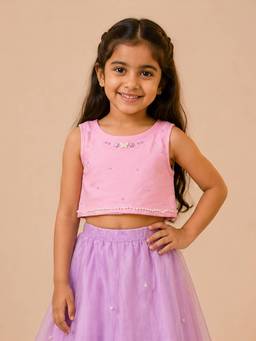 KiddoPanti - Girls Cotton Embellished Pink Crop Top