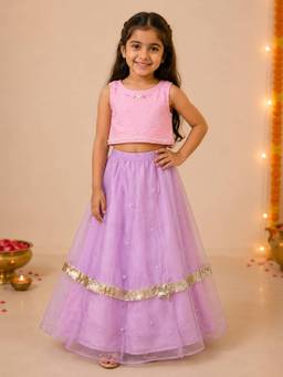KiddoPanti - Girls Cotton Pink Embellished Top With Skirt