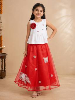 KiddoPanti - Girls Cotton Self Design White Co-Ords