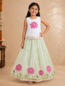 KiddoPanti - Girls Cotton White Self Design Co-Ords