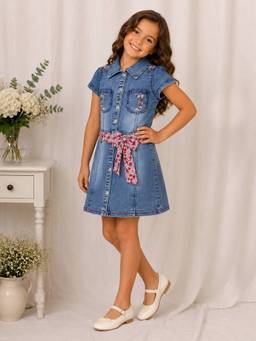 Cutecumber - Girls Denim Embellished Blue Dress