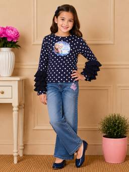 Cutecumber - Girls Georgette Polka Dots Navy Blue Top