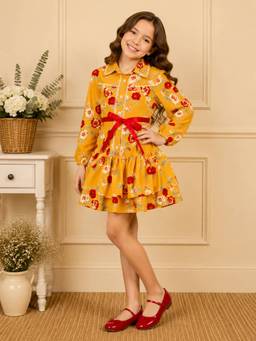 Cutecumber - Girls Polyester Embellished Mustard Dress