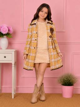 Cutecumber - Girls Suede Embellished Yellow Dress with Coat