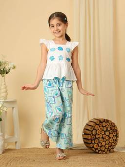 Miyo - Girls Cotton Blend Floral Off White Co-Ords