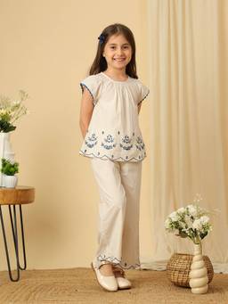 Miyo - Girls Cotton Blend Stripes Beige Co-Ords