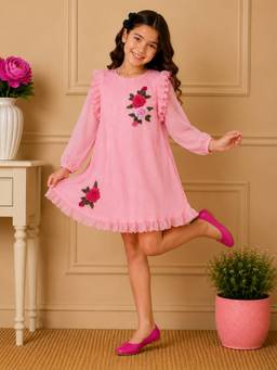 Cutecumber - Girls Georgette Pink Embellished Dress
