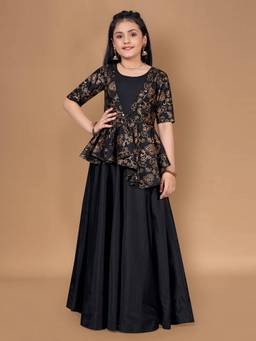 FASHION DREAM - Girls Black Taffeta Printed Dress