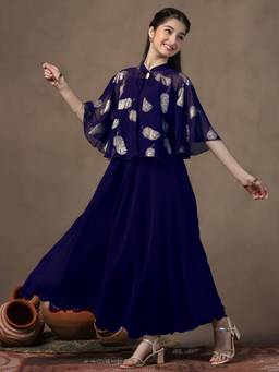 FASHION DREAM - Girls Blue Georgette Plain Dress