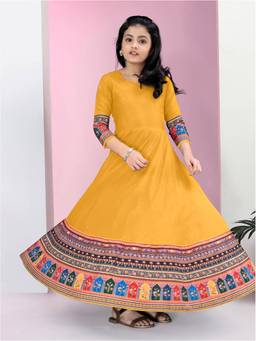 FASHION DREAM - Girls Mustard Silk Blend Printed Dress