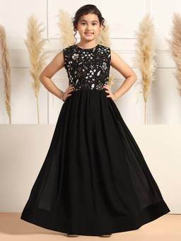 FASHION DREAM - Girls Black Georgette Thread Work Dress