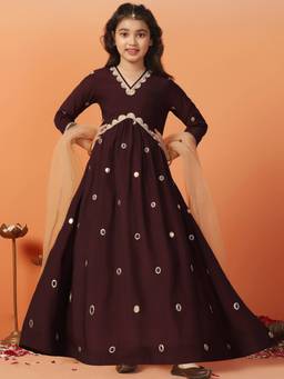 FASHION DREAM - Girls Brown Chanderi Mirror Work Dress With Dupatta