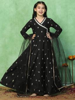 FASHION DREAM - Girls Black Chanderi Thread Work Dress With Dupatta