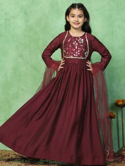 FASHION DREAM - Girls Wine Chanderi Thread Work Dress With Dupatta