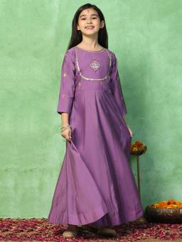 FASHION DREAM - Girls Purple Chanderi Embroidered Dress With Dupatta