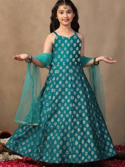 FASHION DREAM - Girls Teal Silk Blend Plain Dress With Dupatta