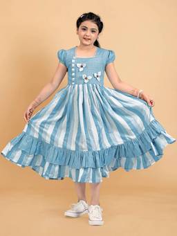 FASHION DREAM - Girls Blue Cotton Blend Printed Frock