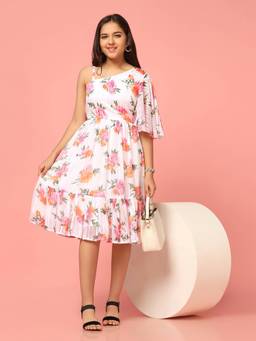 FASHION DREAM - Girls White Georgette Printed Frock