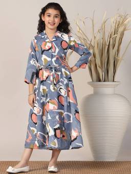 FASHION DREAM - Girls Grey Cotton Blend Plain Frock