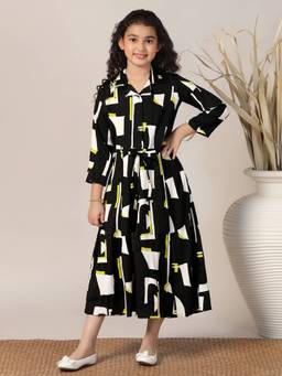 FASHION DREAM - Girls Black Cotton Blend Printed Frock