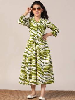 FASHION DREAM - Girls Green Cotton Blend Printed Frock