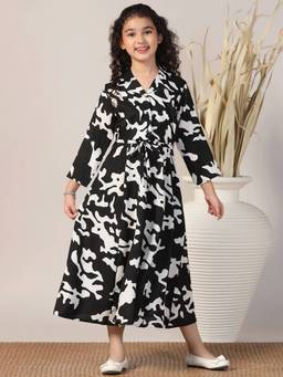 FASHION DREAM - Girls Black Cotton Blend Printed Frock