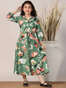 FASHION DREAM - Girls Green Cotton Blend Printed Frock