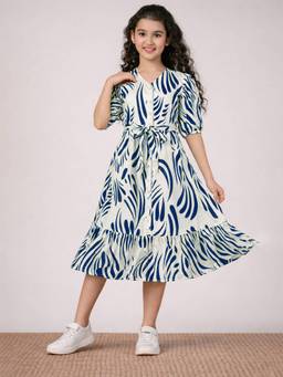 FASHION DREAM - Girls Cotton Blend Abstract Blue Midi Dress
