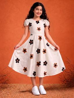 FASHION DREAM - Girls Cotton Blend Floral Off White Midi Dress