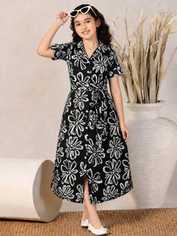 FASHION DREAM - Girls Rayon Blend Black Floral Midi Dress