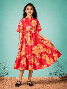FASHION DREAM - Girls Rayon Blend Red Floral Midi Dress