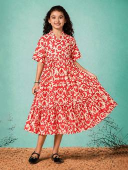 FASHION DREAM - Girls Rayon Blend Floral Red Midi Dress