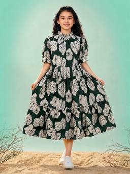FASHION DREAM - Girls Rayon Blend Floral Black Midi Dress