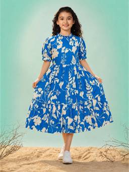 FASHION DREAM - Girls Rayon Blend Floral Blue Midi Dress
