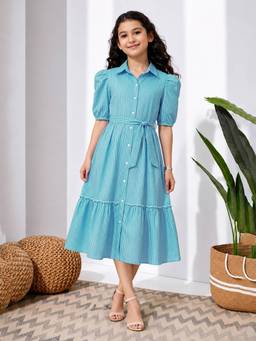 FASHION DREAM - Girls Cotton Blend Blue Stripes Midi Dress