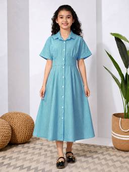 FASHION DREAM - Girls Cotton Blend Stripes Blue Midi Dress