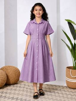 FASHION DREAM - Girls Cotton Blend Stripes Purple Midi Dress