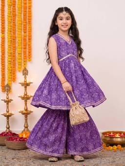 FASHION DREAM - Girls Cotton Blend Printed Purple Kurta With Sharara