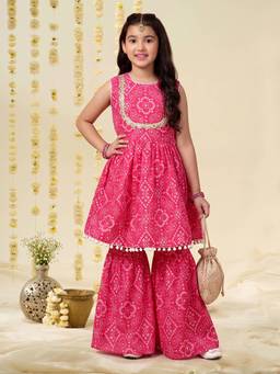 FASHION DREAM - Girls Cotton Blend Printed Pink Kurta With Sharara