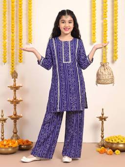 FASHION DREAM - Girls Cotton Blend Printed Blue Kurta With Pant